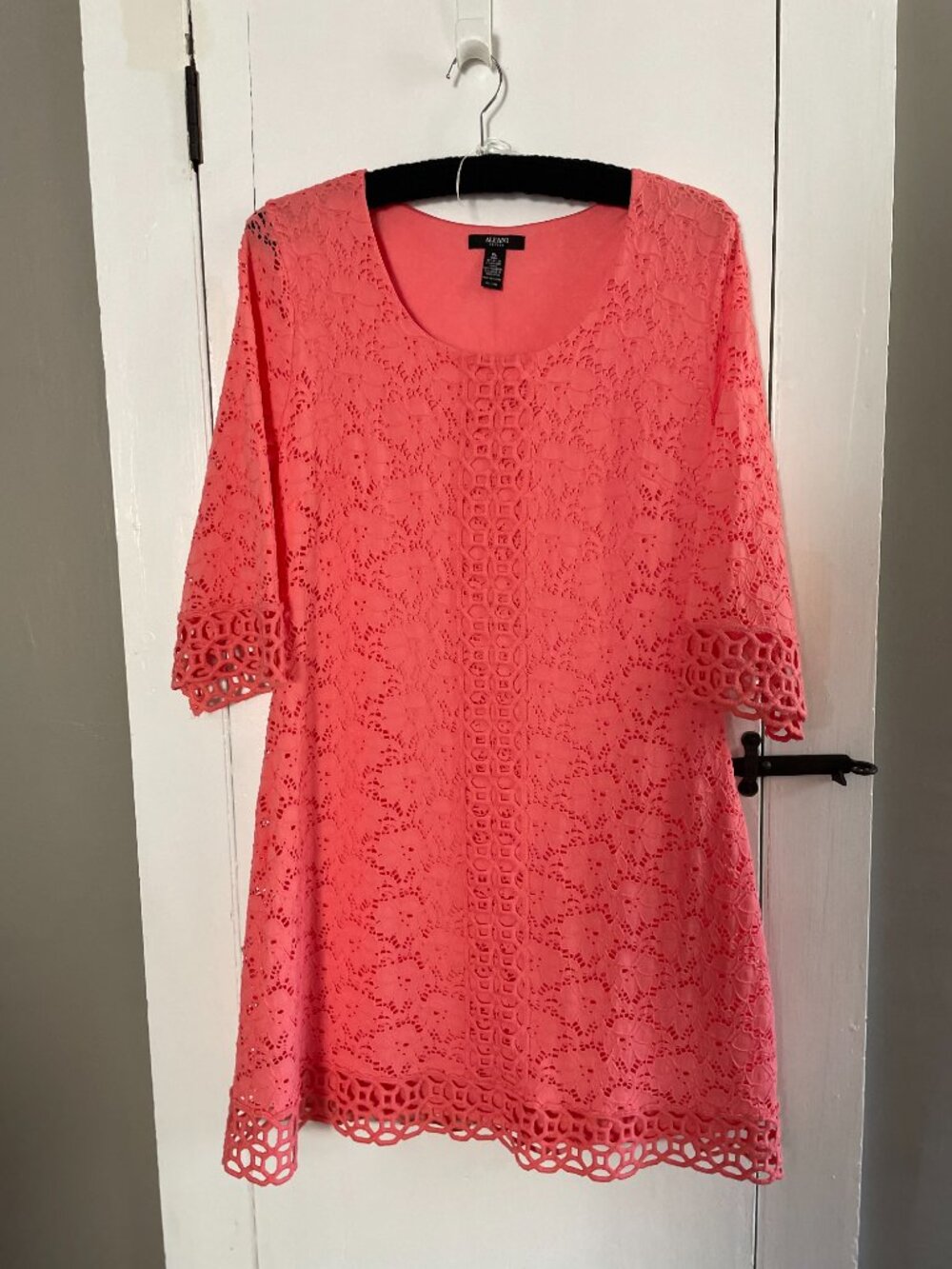 Alfani Coral Lace Eyelet Dress 3/4 Sleeves with cutout lace trim LP